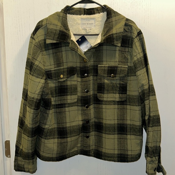 Lucky Brand cotton flannel shirt jacket with Sherpa lining. SZ Large. Snap  NWT - Picture 1 of 6